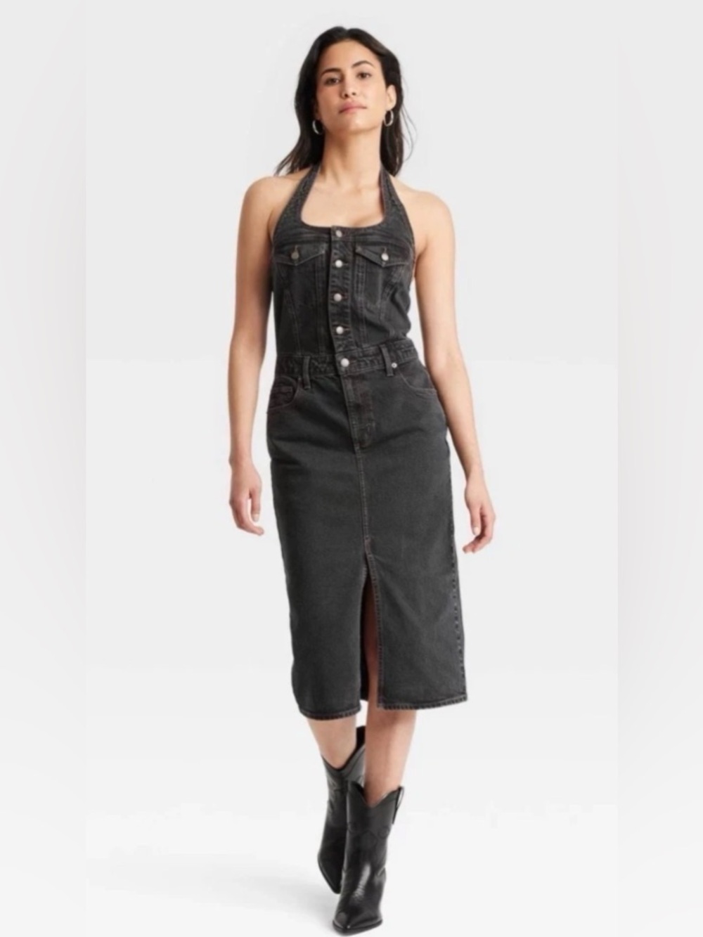 NWT! Universal Thread Black Denim Halter Midi Dress